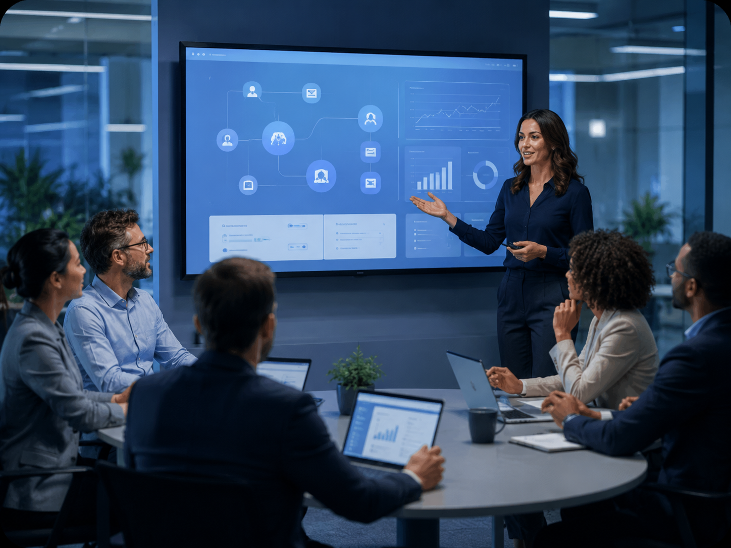 Corporate team collaborating during AI training
