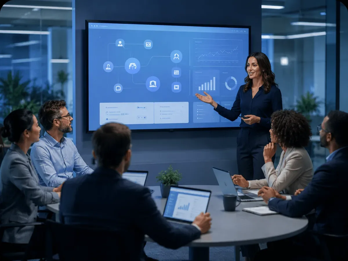Corporate team collaborating during AI training