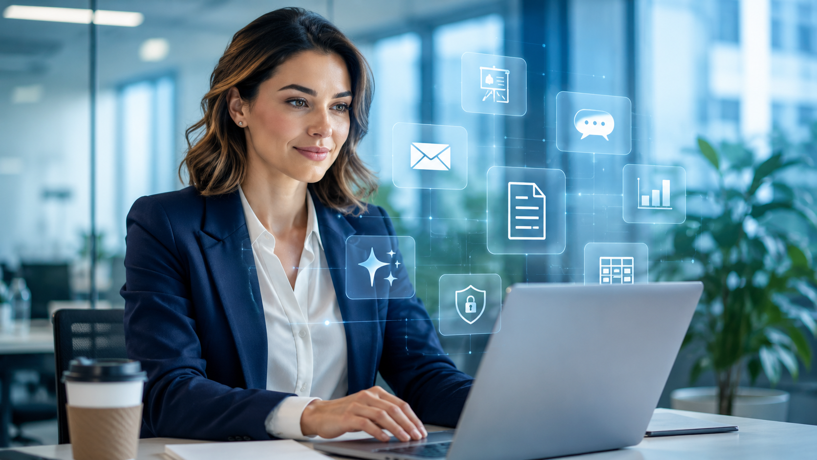 Professional using Microsoft Copilot and workplace AI tools